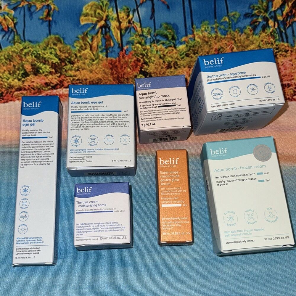 Belif Aqua Bomb Lot Of 7- True Cream, Lip Mask, 2x Eye Gel, Super Drops, etc